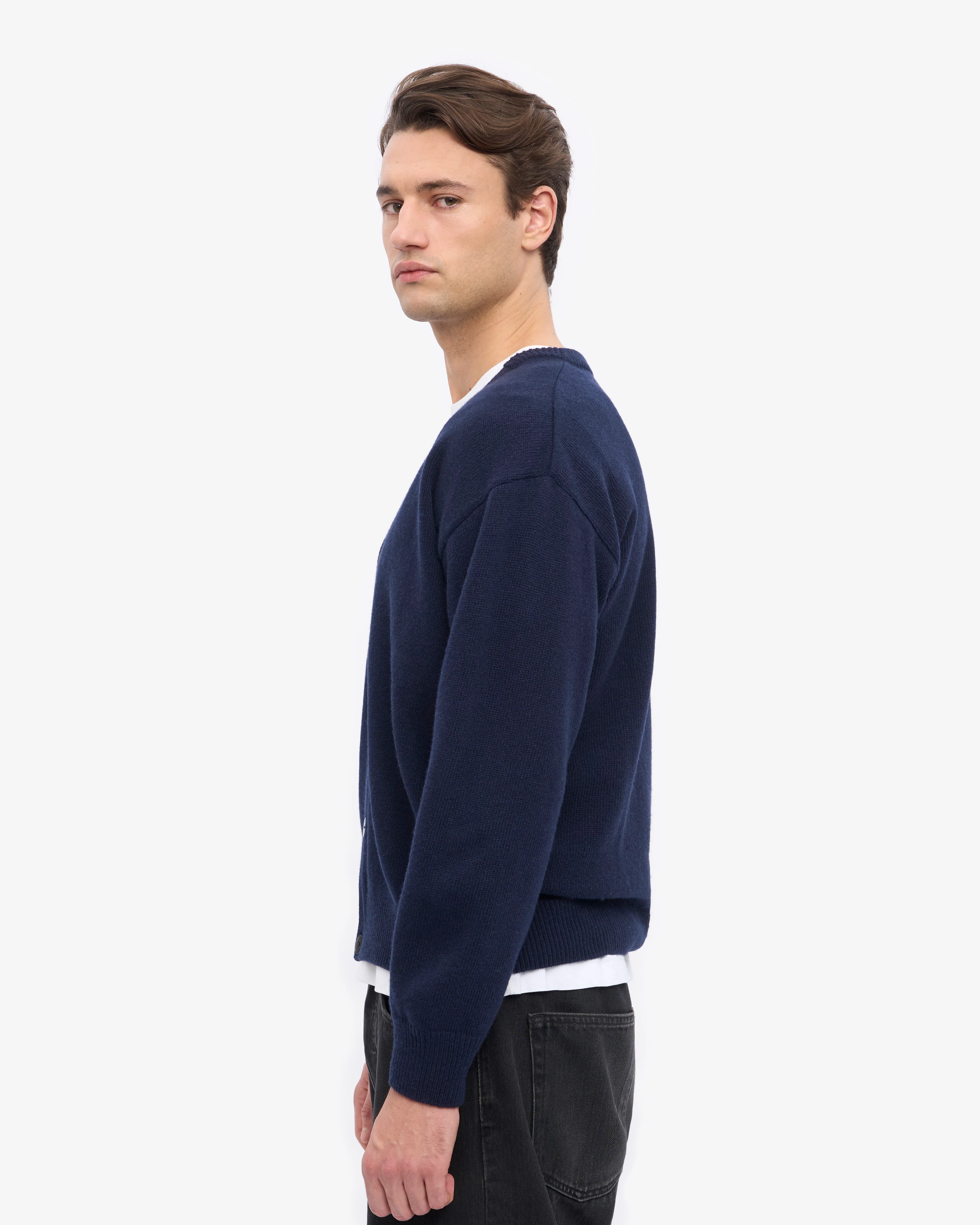 Merino Wool V-Neck Cardigan - Navy Blue - Image 3